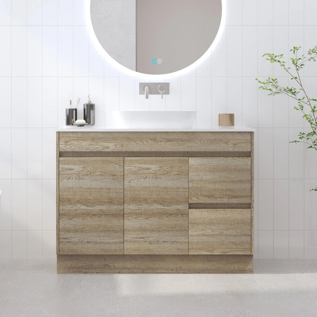 Louis Marco Bellay Free Standing Timber Look Vanity 1200mm Drawers on Right  at Hera Bathware