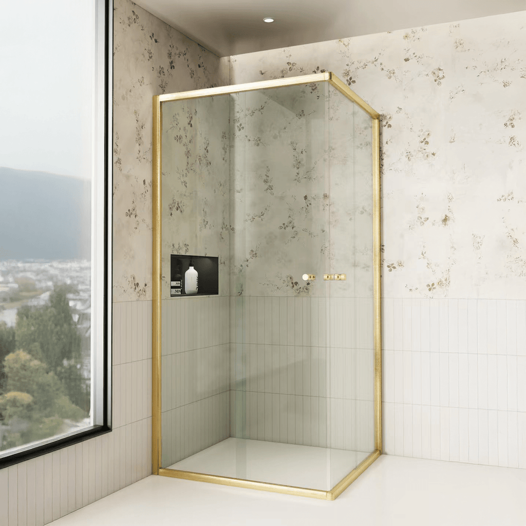 1950mm Semi - Frameless Corner Entry Sliding Screen - Brushed Gold | Convex - Hera Bathware760mm760mm