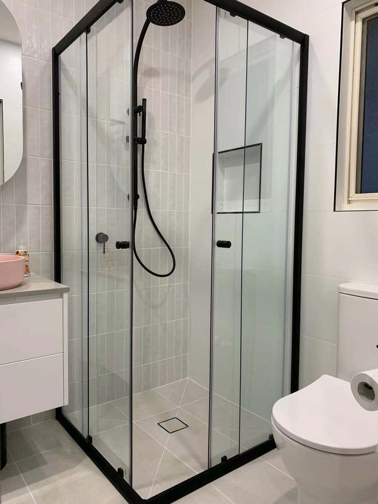 1950mm Semi - Frameless Corner Entry Sliding Screen - Matte Black | Convex - Hera Bathware760mm760mm