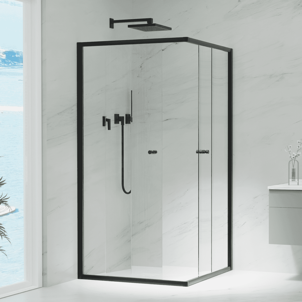 1950mm Semi - Frameless Corner Entry Sliding Screen - Matte Black | Convex - Hera Bathware760mm760mm