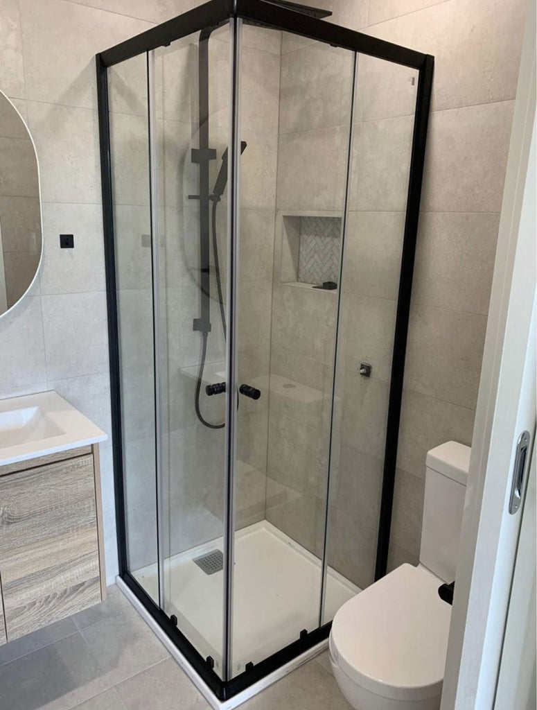 1950mm Semi - Frameless Corner Entry Sliding Screen - Matte Black | Convex - Hera Bathware760mm760mm