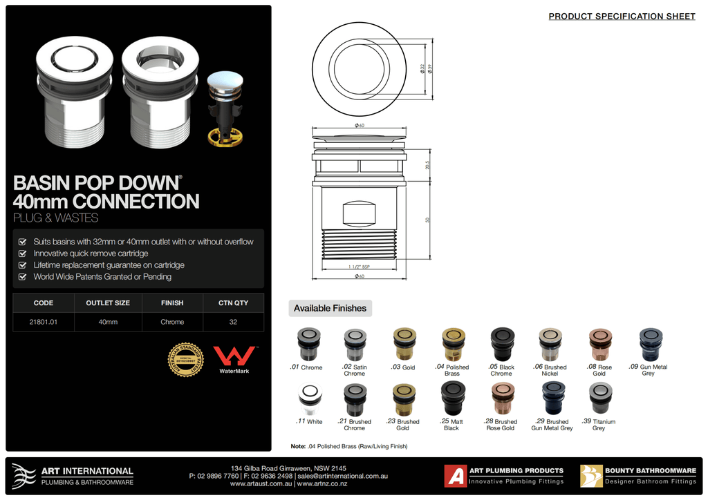 40mm Basin Pop Down Waste 21801 | Art Australia - Hera BathwareChrome