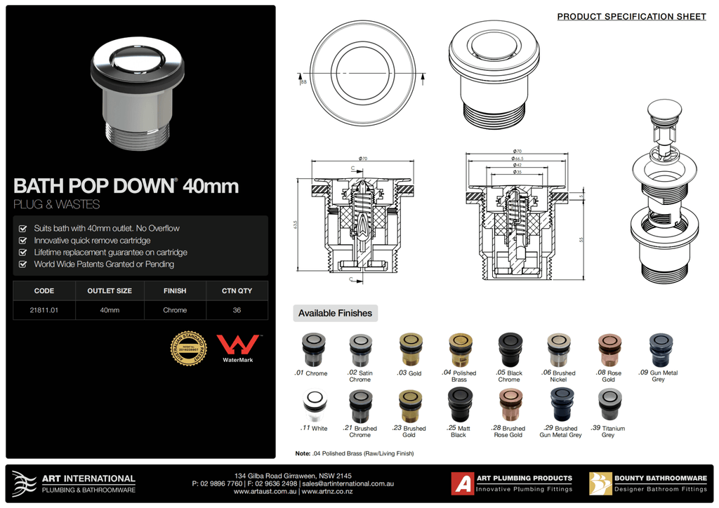 40mm Bath Pop Down Waste 21811 | Art Australia - Hera BathwareChrome