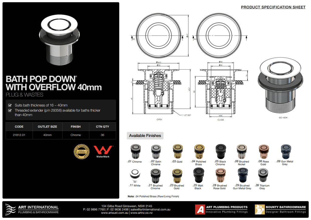 40mm Bath Pop Down Waste with Over Flow 21812 | Art Australia - Hera BathwareChrome