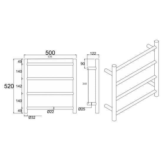 500(W)x520(H)x120(D)mm Round Matte Black Electric Heated Towel Rack 4 Bars - Hera BathwareMatte Black