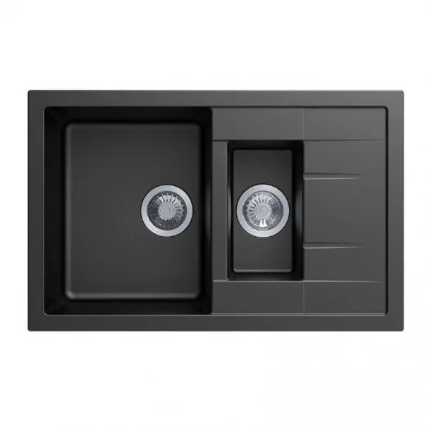 824mm 1 and 1/4 Bowl Drainer Granite Kitchen Sink Top/Flush/Under Mount - Hera BathwareBlack Granite Quartz Stone