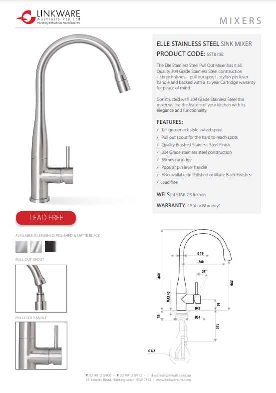 Linkware ELLE Pull Out Kitchen Mixer - 304 Brushed Stainless 399.12 at Hera Bathware