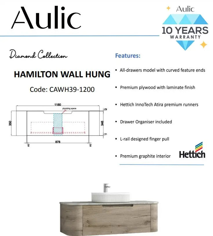 Aulic Hamilton Wall Hung Vanity 1200mm 1512.40 at Hera Bathware