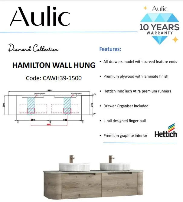 Aulic Hamilton Wall Hung Vanity 1500mm 1903.80 at Hera Bathware