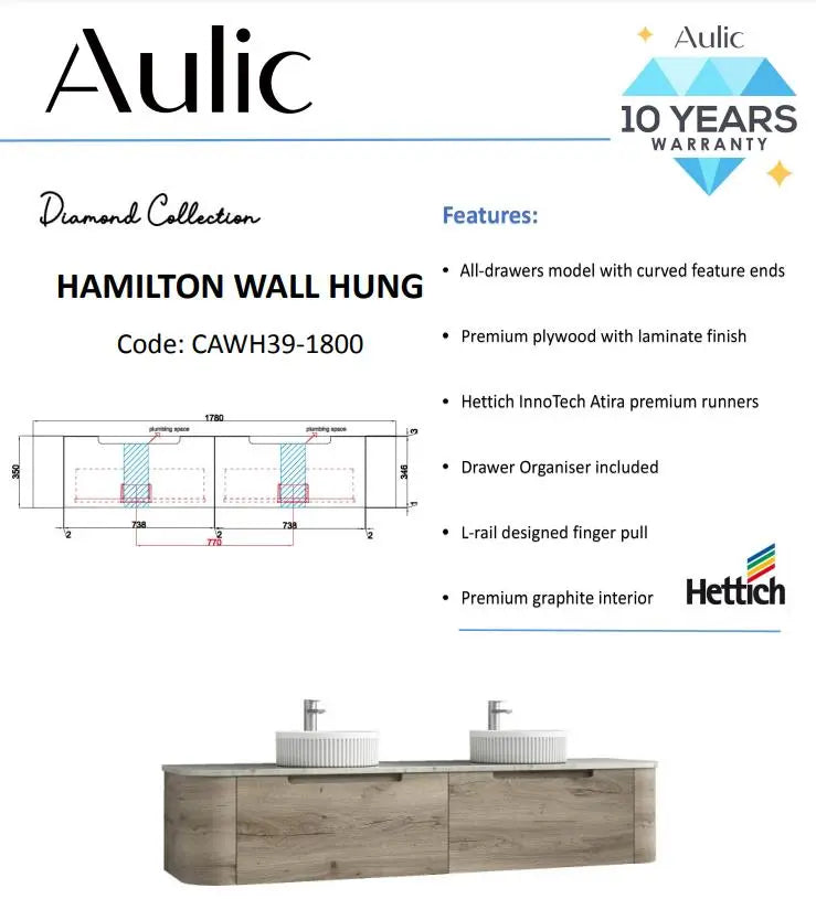 Aulic Hamilton Wall Hung Vanity 1800mm 2222.05 at Hera Bathware