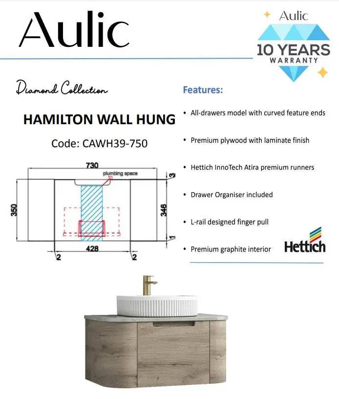 Aulic Hamilton Wall Hung Vanity 750mm 1122.90 at Hera Bathware