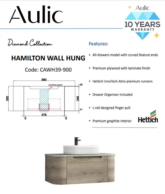 Aulic Hamilton Wall Hung Vanity 900mm 1225.50 at Hera Bathware
