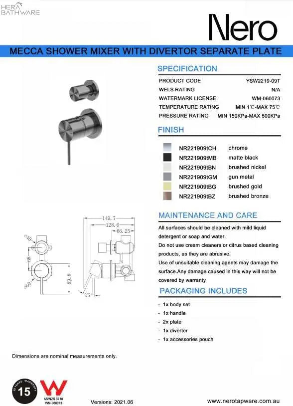 Nero MECCA Shower Mixer with Diverter Separate - Brushed Bronze 356.40 at Hera Bathware