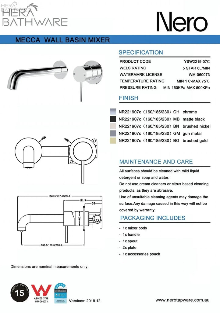 Nero MECCA Chrome Wall Basin Mixer Spout seperate, 160/185/230mm 267.30 at Hera Bathware