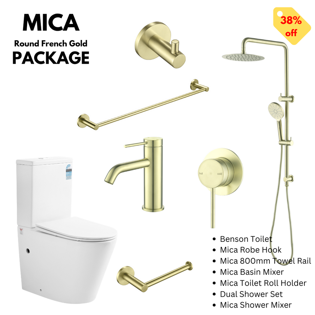Rimless Toilet with Mica Range Bathroom Package | French Gold / Brushed Gold - Hera Bathware
