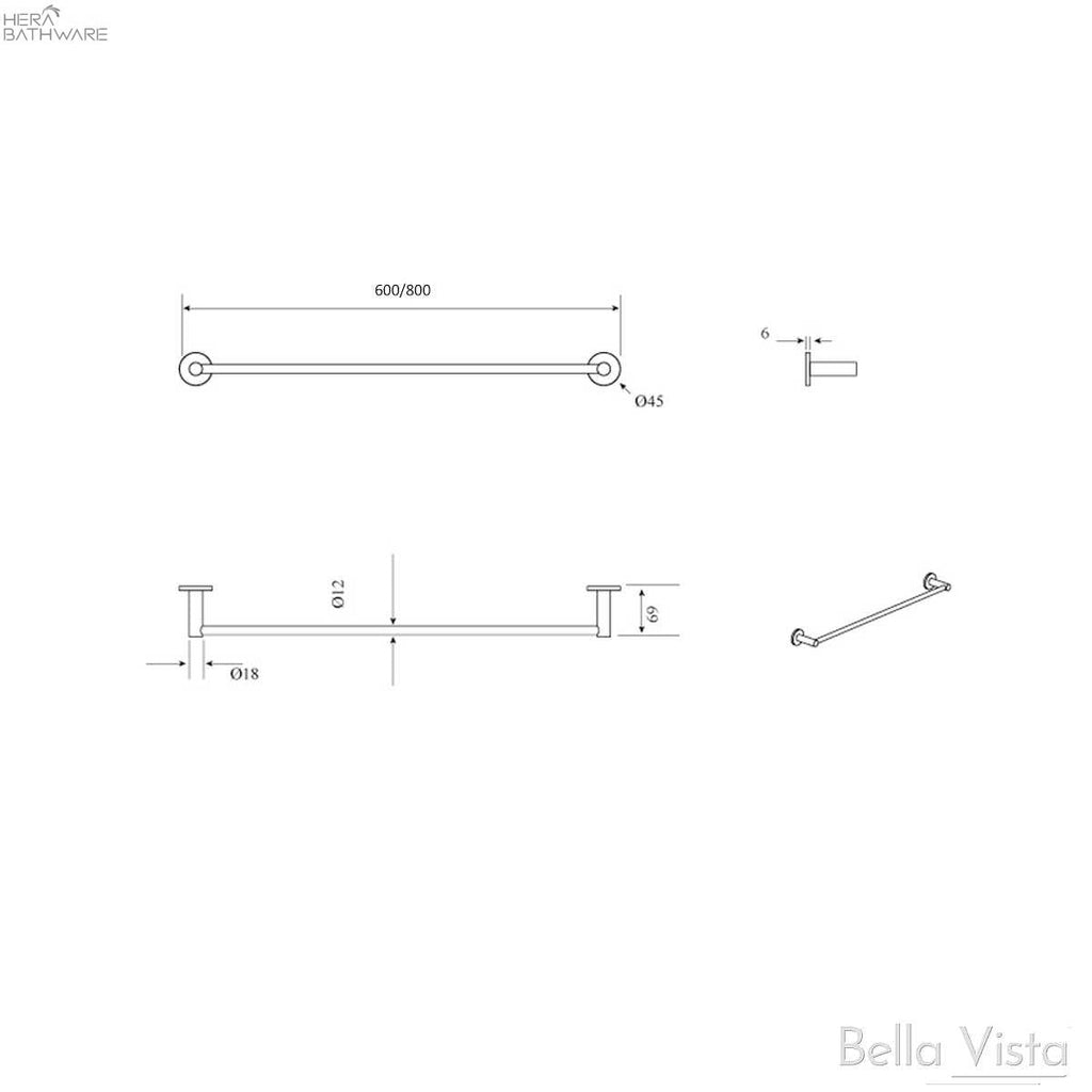 Hera Bathware 'Mica' - Single Towel Rail 600mm/ 800mm | Hera Bathware