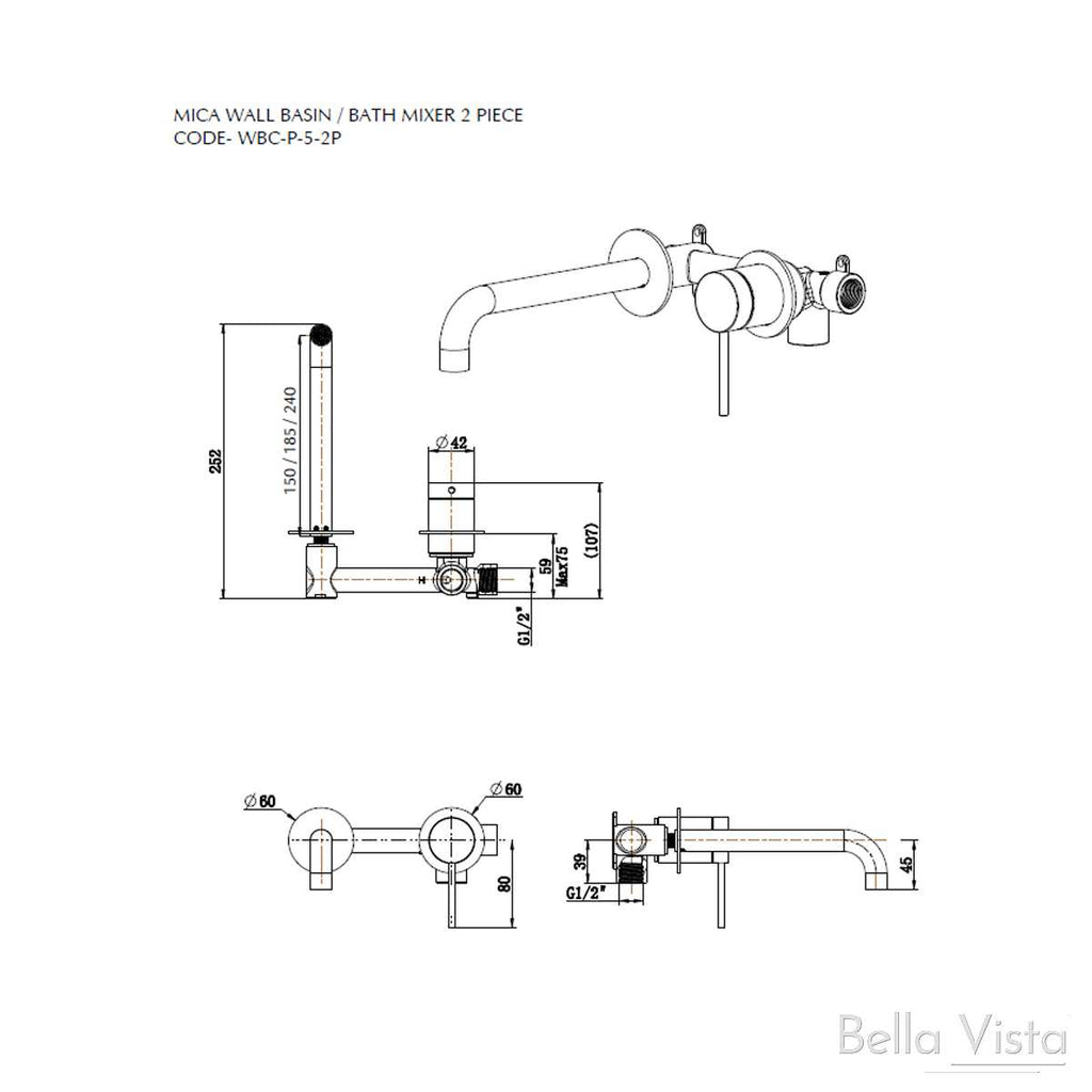 Bella Vista Mica Combo mixer and - Chrome, Black, Brushed Nickel, Gunmetal, French Gold  at Hera Bathware