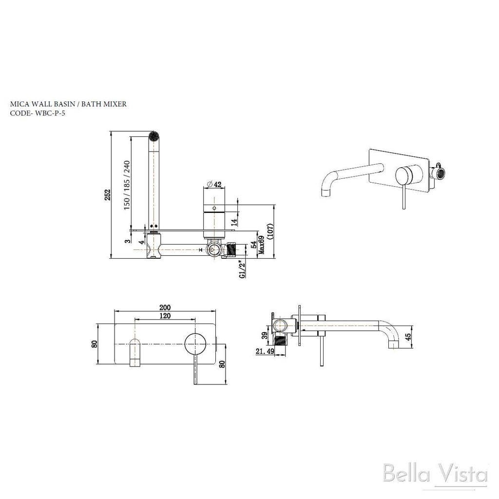 Bella Vista Mica Combo mixer and spout with Back Plate - Chrome, Black, Brushed Nickel, Gunmetal, French Gold  at Hera Bathware