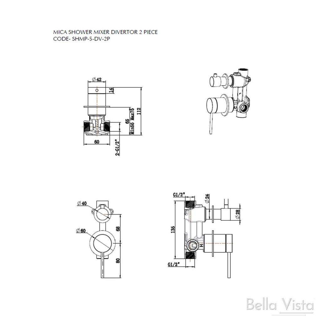 Bella Vista Mica Shower mixer with Diverter - Chrome, Black, Brushed Nickel, Gunmetal, French Gold  at Hera Bathware