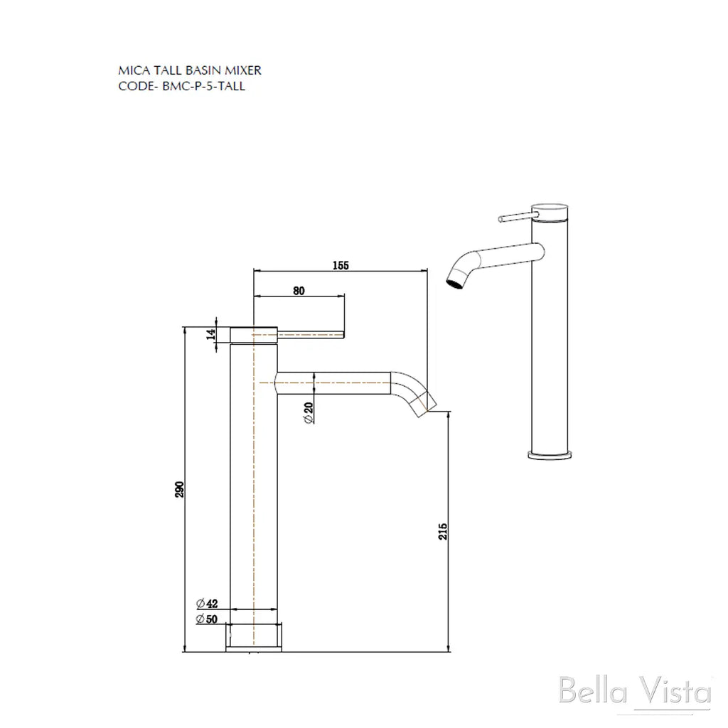Bella Vista Mica Tall Basin Mixer - Chrome, Black, Brushed Nickel, Gunmetal, French Gold  at Hera Bathware