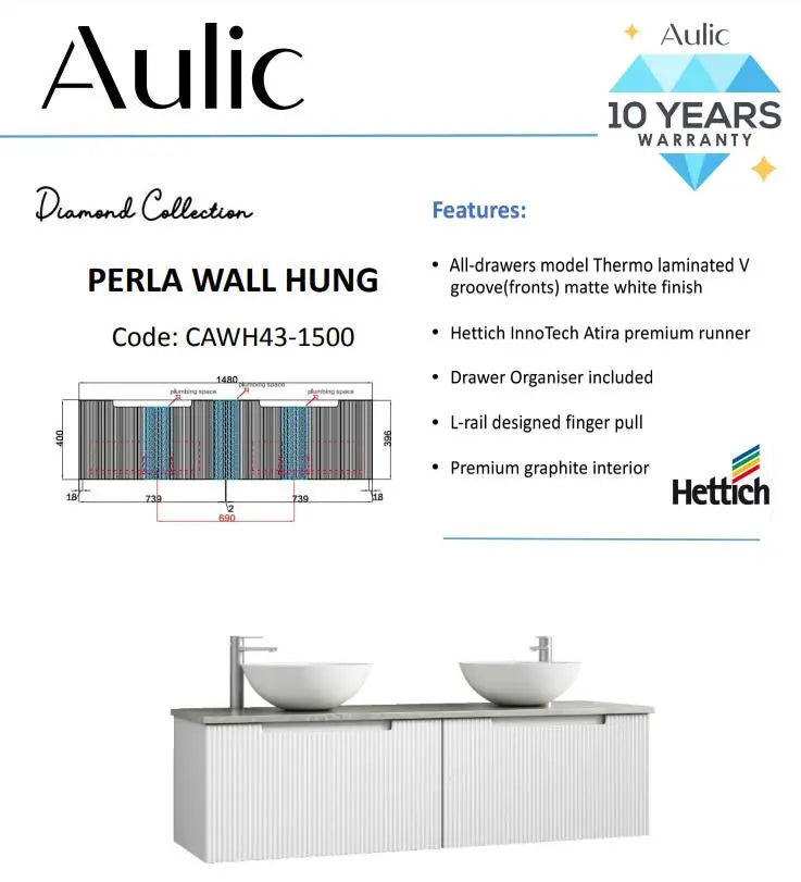 Perla Wall Hung Vanity 1500mm | CAWH43-1500 | 1702.74