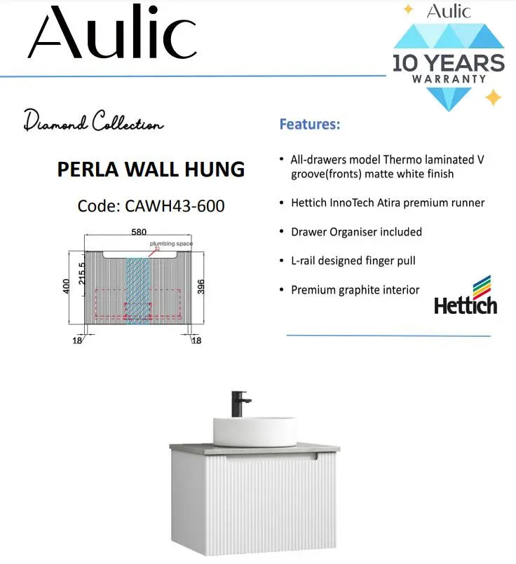 Perla Wall Hung Vanity 600mm | CAWH43-600 | 840.75
