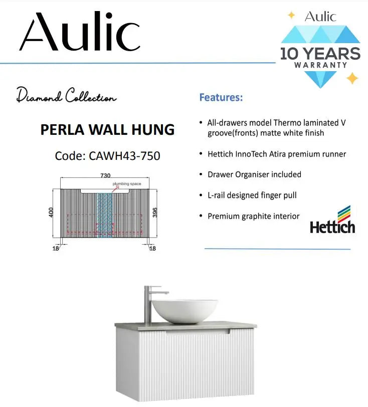 Perla Wall Hung Vanity 750mm | CAWH43-750 | 869.07