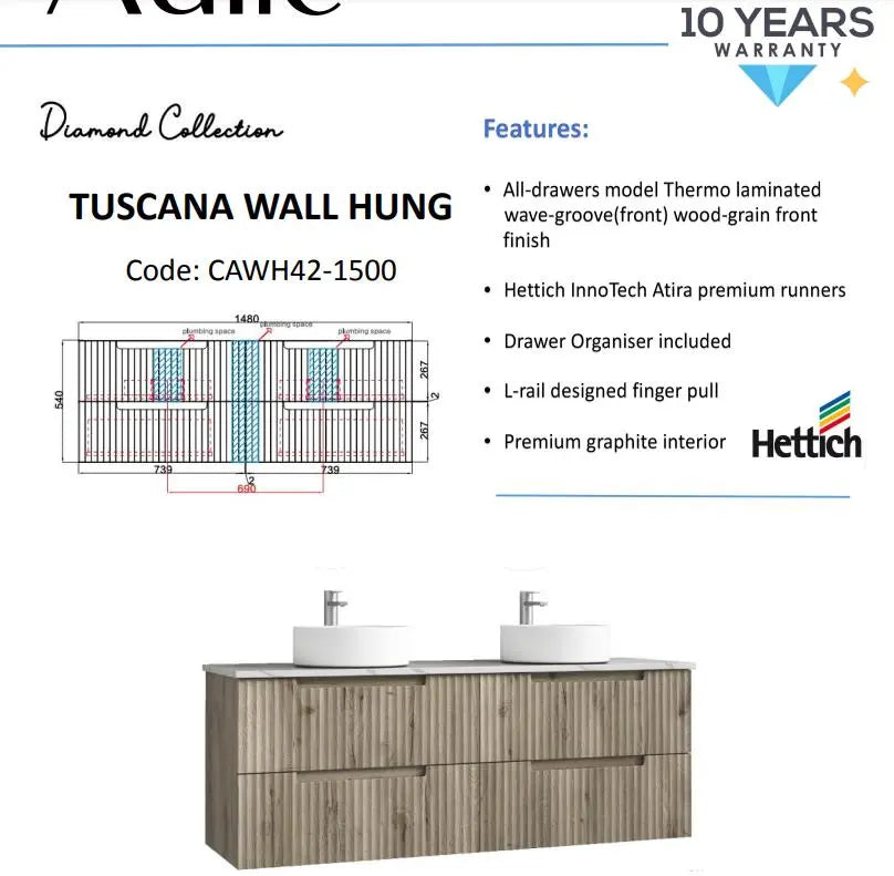 Aulic Tuscana Wall Hung Vanity 1500mm 2055.80 at Hera Bathware