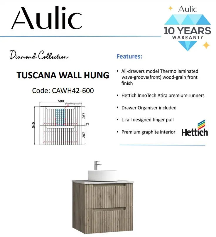 Aulic Tuscana Wall Hung Vanity 600mm 1301.50 at Hera Bathware
