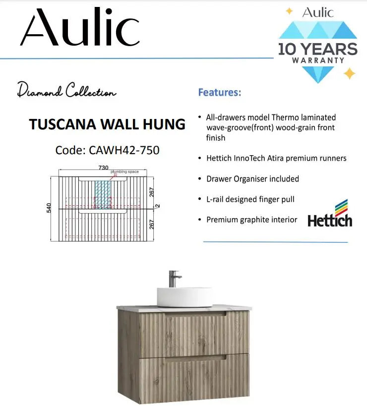 Aulic Tuscana Wall Hung Vanity 750mm 1312.90 at Hera Bathware
