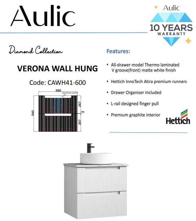 Verona Wall Hung Vanity 600mm | CAWH41-600 | 1212.51