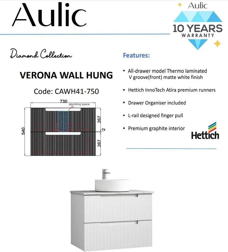Aulic Verona Wall Hung Vanity 750mm 1312.90 at Hera Bathware