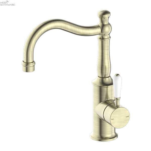 Nero Tapware | YORK Basin Mixer Hook Spout | Aged Brass 650.43 at Hera Bathware