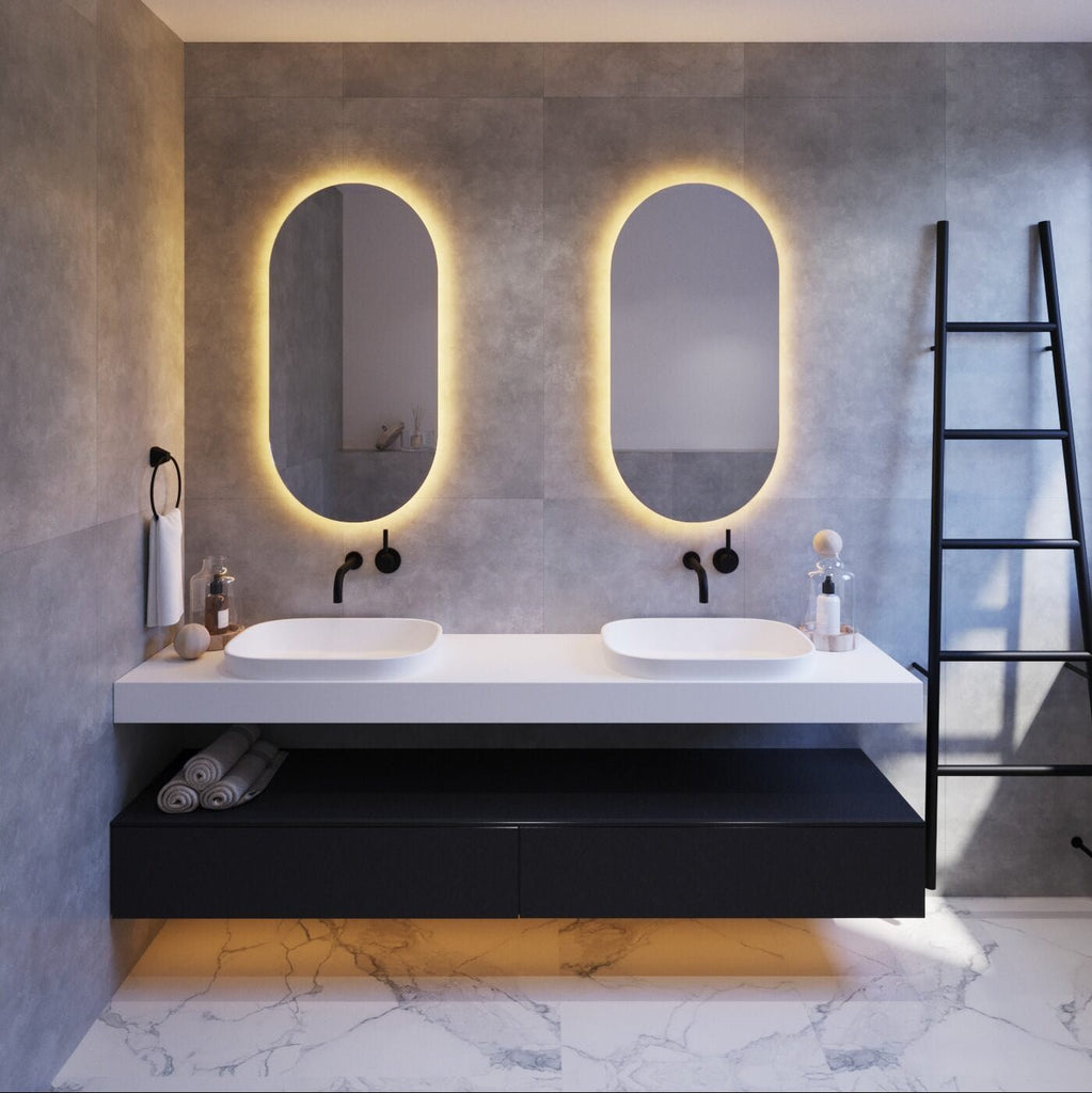 Ablaze Pill Shape Premium Backlit Mirror 500x1000 | Thermogroup - Hera BathwareWarm Light