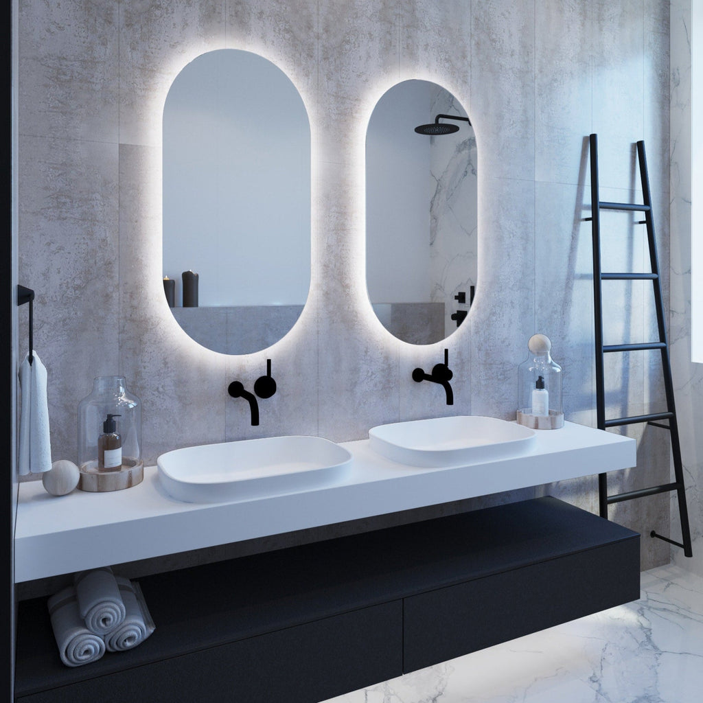 Ablaze Pill Shape Premium Backlit Mirror 500x1000 | Thermogroup - Hera BathwareWarm Light