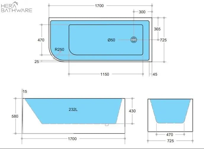 Allen Right Corner Bathtub - Hera Bathware1500mm / RIGHTGloss White