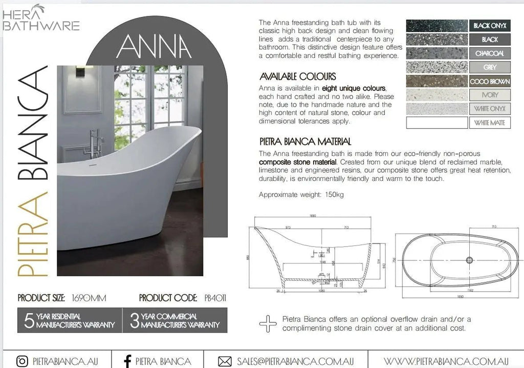 Anna freestanding bath tub - Hera Bathware