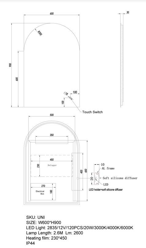 Arch Pencil Edge LED Mirror 900*600mm - Hera BathwareNo Frame