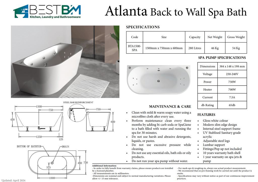 ATLANTA Spa Back to Wall Bathtub - Hera Bathware1500mm8 mini Jet 3 Large Jet