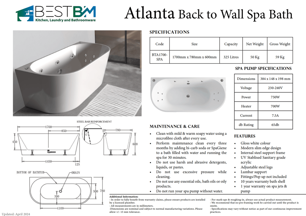 ATLANTA Spa Back to Wall Bathtub - Hera Bathware1500mm8 mini Jet 3 Large Jet