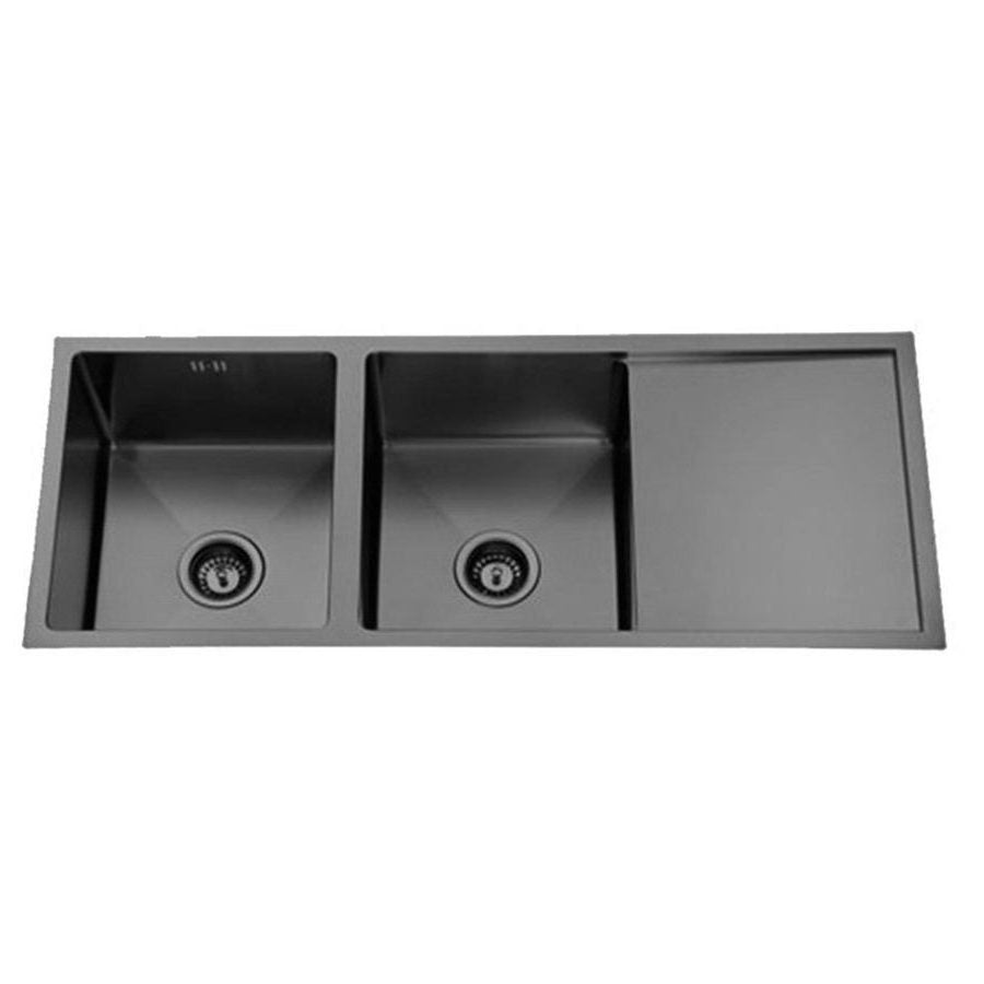 Atlas Handmade Kitchen Double Bowl With Drainer - 1114mm - Hera BathwareBrushed Gunmetal BlackLeft Hand Bowl