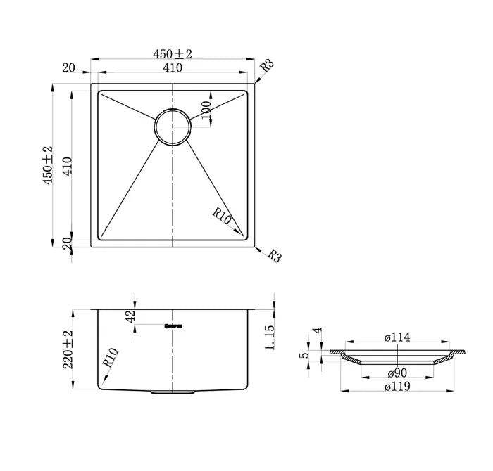 Axon Sink 45S 450x450x220 - Hera Bathware X Inspire Bathware M - CBS - 810 - 45 | Stainless Steel