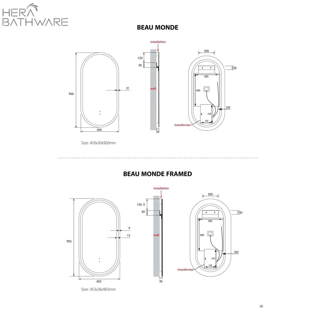 BEAU MONDE Frameless Sensor Oval LED Mirror - Hera BathwareNo Frame