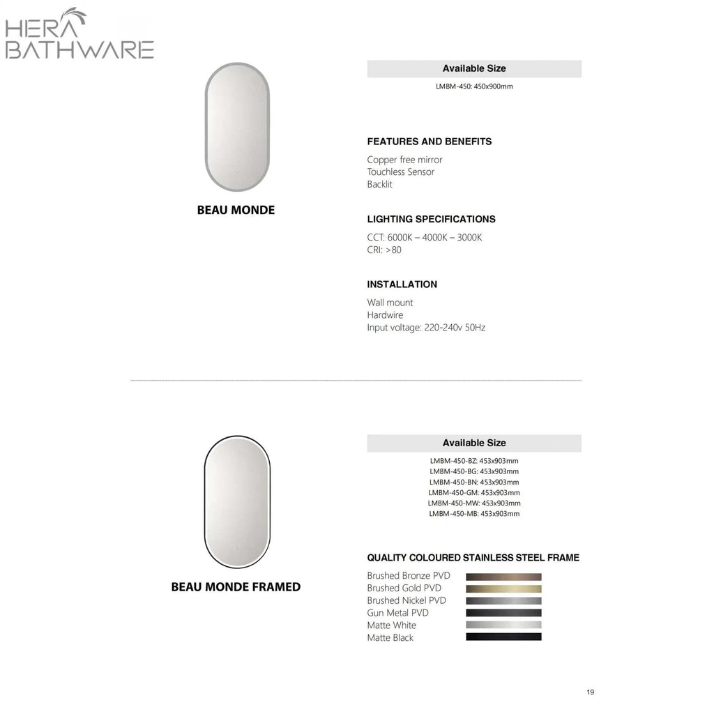 BEAU MONDE Frameless Sensor Oval LED Mirror - Hera BathwareNo Frame