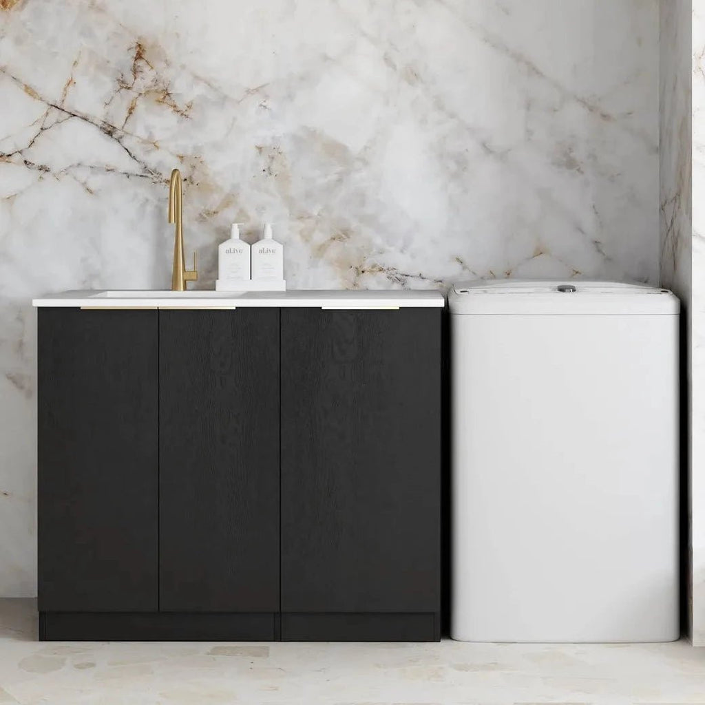 BLACK OAK BASE LAUNDRY CABINET WITH STONE TOP AND SINK 1060X600X900MM - Hera BathwarePure White Quartz TopBrushed Gold