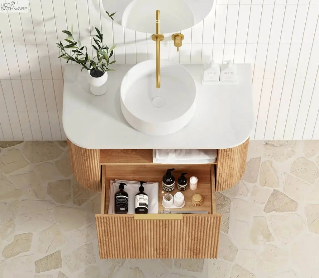 Bondi Woodland Oak Fluted Wall Hung Vanity 600 - 1800mm - Hera Bathware900mmCloudy Carrara