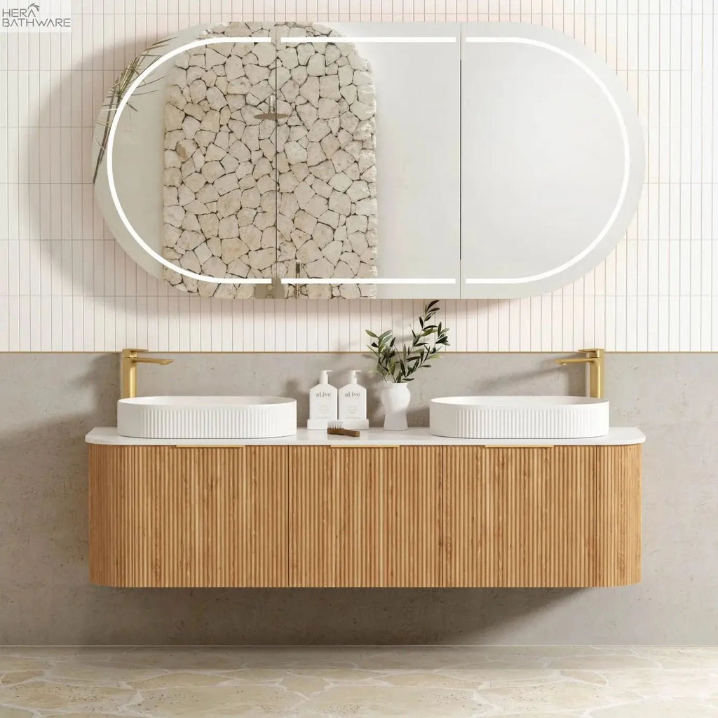 Bondi Woodland Oak Fluted Wall Hung Vanity 600 - 1800mm - Hera Bathware1800mmPure White Stone Top