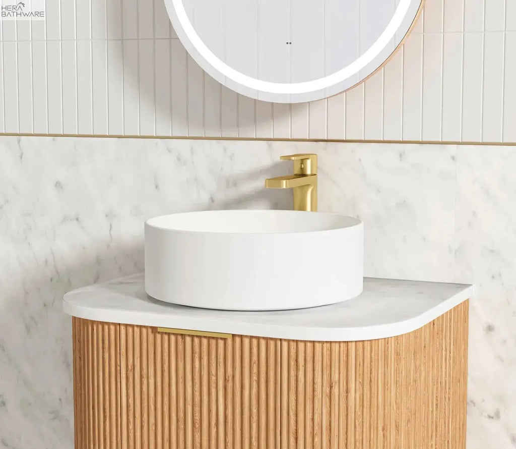 Bondi Woodland Oak Fluted Wall Hung Vanity 600 - 1800mm - Hera Bathware600mm (Door)Pure White Stone Top