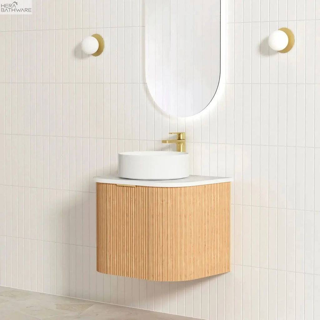 Bondi Woodland Oak Fluted Wall Hung Vanity 600 - 1800mm - Hera Bathware600mm (Door)Pure White Stone Top