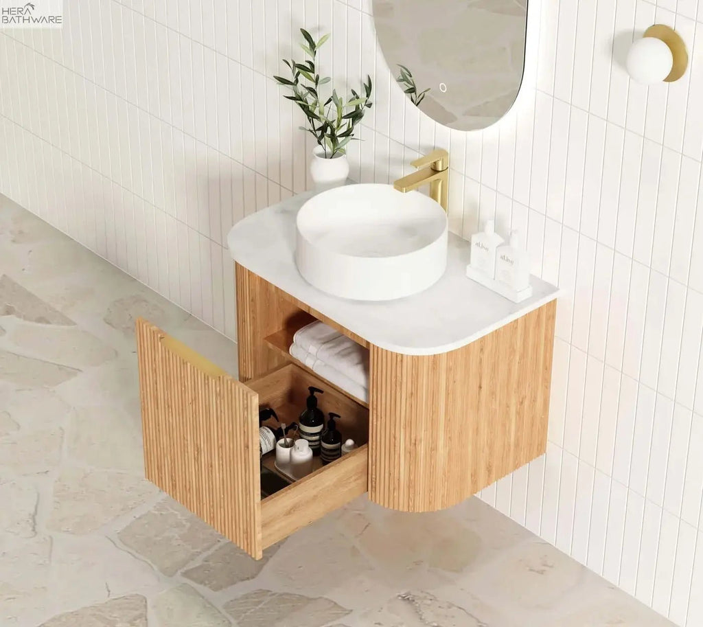 Bondi Woodland Oak Fluted Wall Hung Vanity 600 - 1800mm - Hera Bathware600mm (Door)Pure White Stone Top